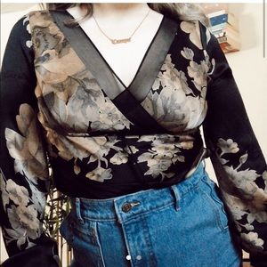 Y2K Black silk wrap top with bronze flowers